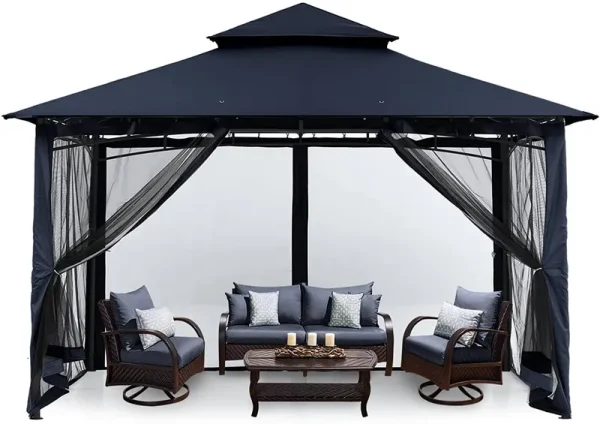 MASTERCANOPY Outdoor Garden Gazebo for Patios with Stable Steel Farme and Netting Walls 8x8 / Navy Blue