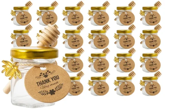 Rormket 24Pack 1.5oz Mini Glass Hexagon Honey Jars - Gold Lid, Small Wooden Honey Dipper, Bee Charms, Thank You Gift Tags, Jute - Baby Shower Thank