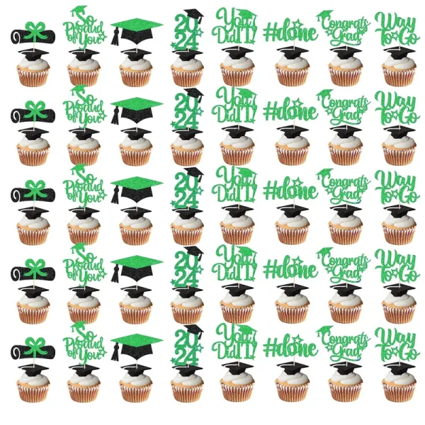 40pcs Graduation Cupcake Toppers 2024 Green and Black Glitter Class of 2024 Graduation Cupcake Toppers,BYCCT Grad Cap Cake Toppers Picks,graduation