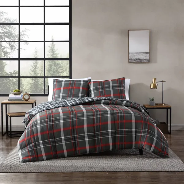 Eddie Bauer Willow Plaid Comforter Set, Grey, Full/Queen