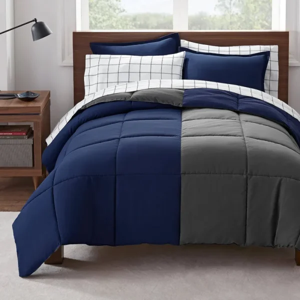 Serta Simply Clean 7-Piece Navy Reversible Full Bed in A Bag Set, Blue