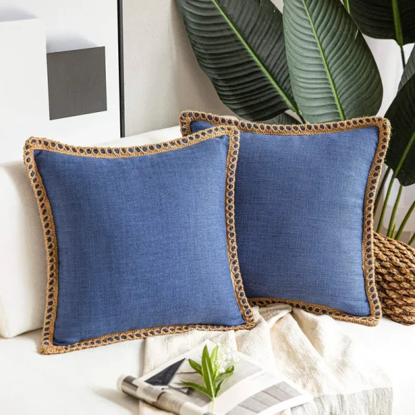 Phantoscope Pack of 2 Farmhouse Decorative Throw Pillow Covers Burlap Linen Trimmed Tailored Edges Navy Blue 18 x 18 Inches, 45 x 45 cm