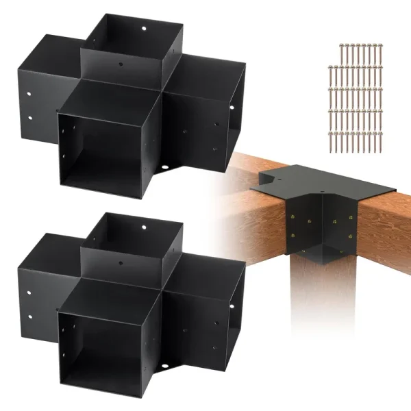 VEVOR LPJJST2PCS6X19RDFV0 6 x 6 in. 4-Way Heavy Duty Corner Woodworks DIY Post Base Kit Pergola Bracket Kit - 2 Piece
