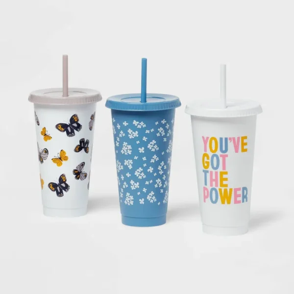 Room Essentials Plastic Reusable Cold Cup - White Butterflies, Blue Floral & White Text - 24 oz