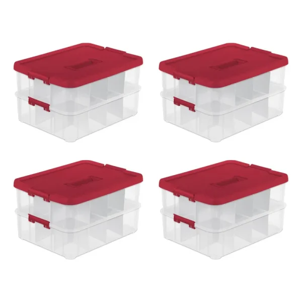 Sterilite 24 Compartment Stackable Christmas Ornament Storage Clear Box, 4 Pack