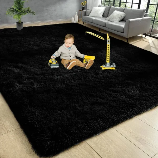 Iplusmall Black Rug for Living Room, Super Large 8'x10' Soft Fluffy Shag Area Rug for Bedroom Nursery Room, Throw Shaggy Furry Carpet, Rectangle Faux Fur