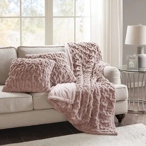 Comfort Spaces Ruched Faux Fur Plush 3 Piece Throw Blanket Set Ultra Soft Fluffy with 2 Square Pillow Covers 50'x60' Blush, 50 in x 60 in