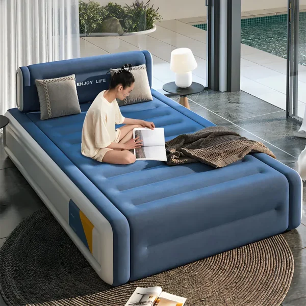 Queen Air Mattress with Built - in Pump for Guest, Home, Camping, 18" Tall Inflatable Blow up Air Bed with Carrying Bag for Camping, Foldable & Portable, Blue