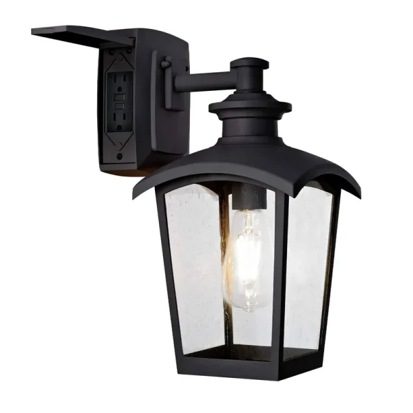 Home Luminaire 31703 Spence 1-Light Outdoor Wall Lantern with Seeded Glass and Built-In GFCI Outlets Black