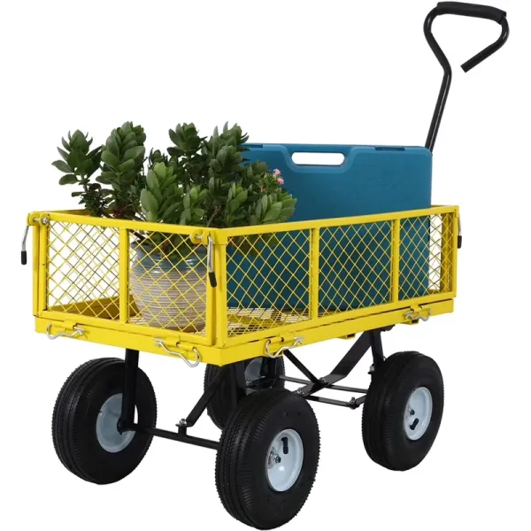 Steel Garden Cart, Heavy - Duty Steel Mesh Utility Garden Wagon with Removable Sides and 9.5" Pneumatic Tires for Outdoor Lawns Yards Farms and Ranches, 550 lb Capacity, Yellow
