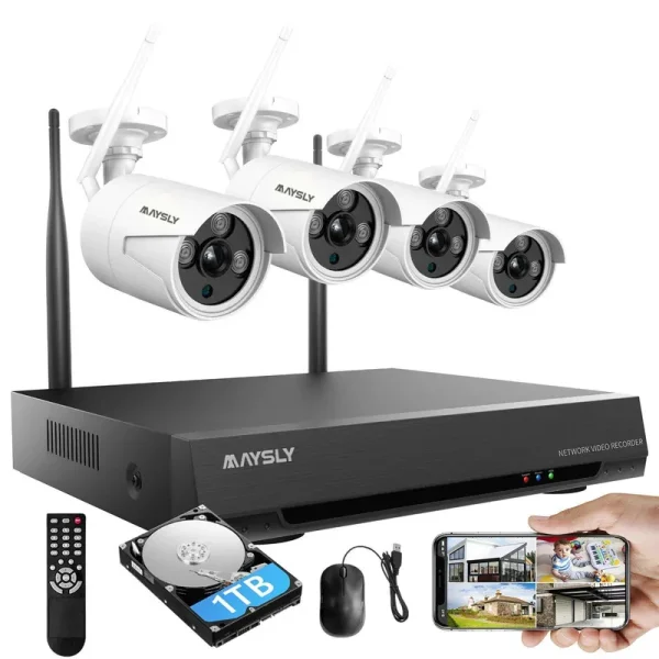 Maysly Home Security Camera System Wireless, Maysly 8CH 1080p Surveillance NVR Kits with 4pcs 2.0MP Cameras Outdoor & Indoor with 65ft
