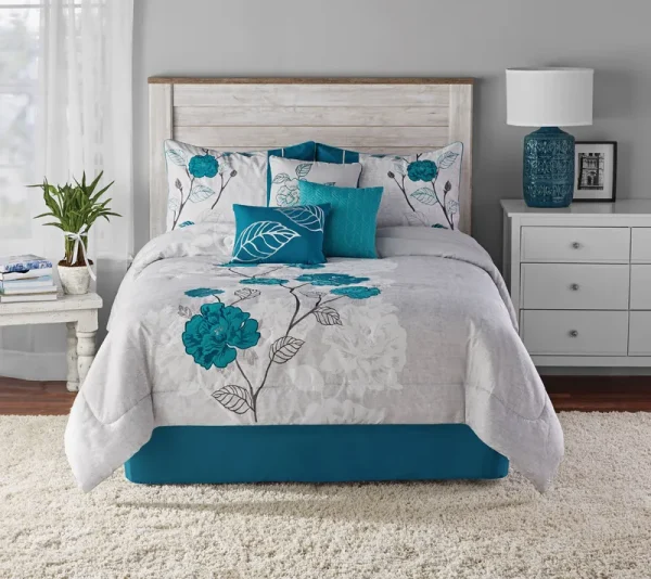 Mainstays 7-Piece Teal Roses Comforter Set, King