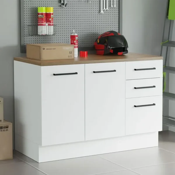 Madesa Garage and Utility Room Base Storage Cabinet with 2 Doors and 3 Drawers Storage Shelves 47 in Wooden Organization Unit - White