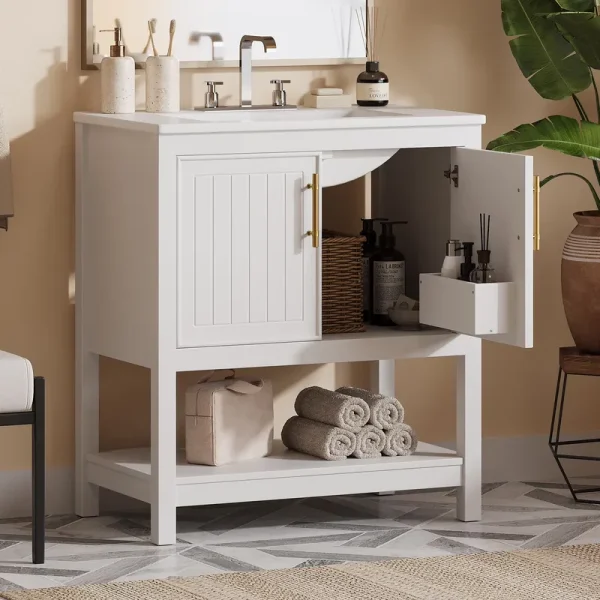30 - Inch White Bathroom Vanity with Ceramic Sink and Versatile Storage - Ideal for Small Bathrooms, White