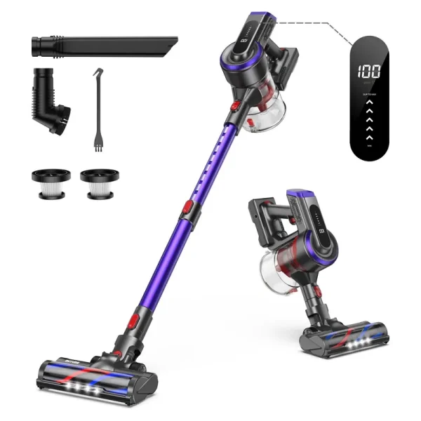 Cordless Stick Vacuum Cleaner with Touch Display for Pet Hair Carpet Hard Wood Floor and Detachable Battery buture Jr400, Size: One size, Purple