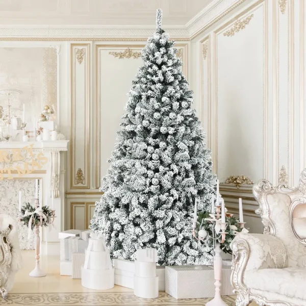 Gymax 9 ft Pre-Lit Christmas Tree Snow Flocked Hinged Pine Tree w/ Met