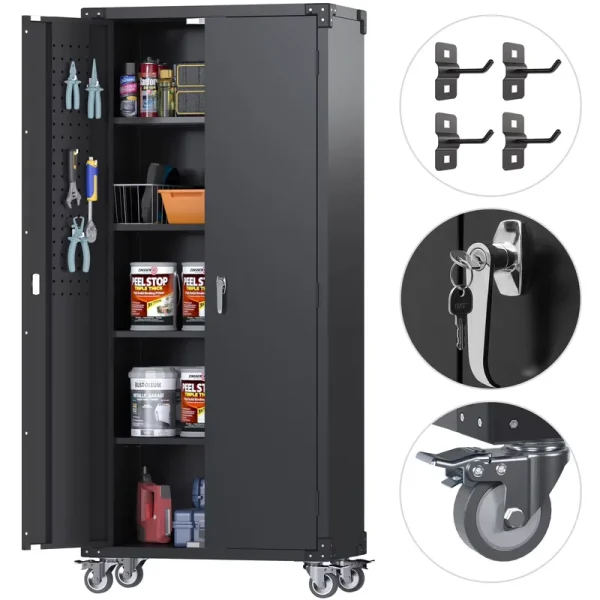SUPEER Metal Rolling Storage Cabinet, 72 in Steel Lockable Cabinet with Multipurpose Pegboard and Adjustable Shelves, Tall Tool Cabinet for Office, Home, Storage, Assembly Required(Black)