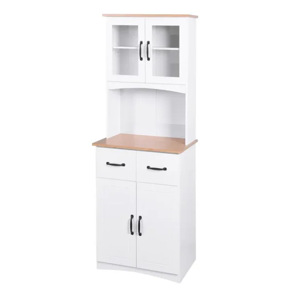 Clearance! Wooden Kitchen Cabinet White Pantry Room Storage Microwave Cabinet with Framed Glass Doors and Drawer