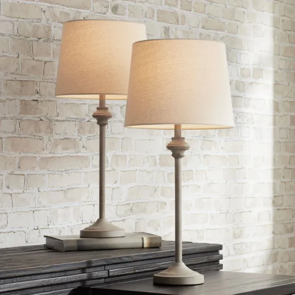 Lynn Country Cottage Buffet Table Lamps Set of 2 Light Beige Wood Oatmeal Fabric Tapered Drum Shade for Dining Room - 360 Lighting