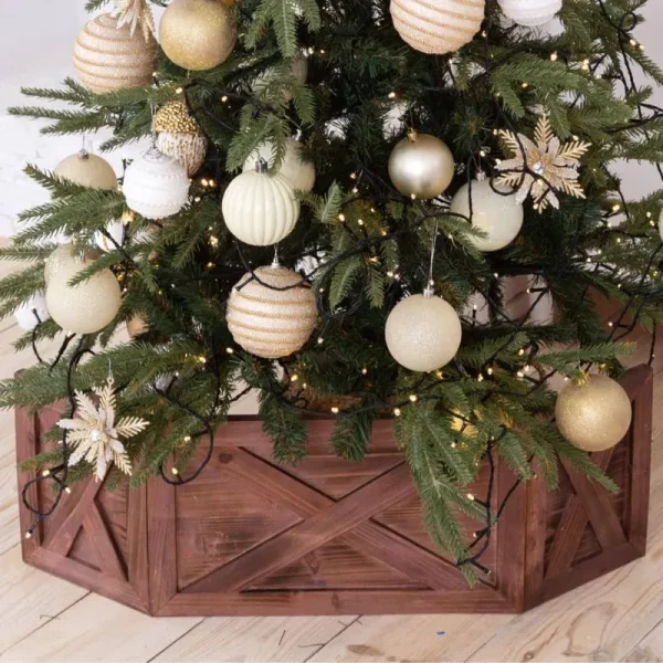 Wooden Tree Collar Box - Christmas Tree Farmhouse Rustic Decor. Vintage Weathered Wood, Brown Folding Small