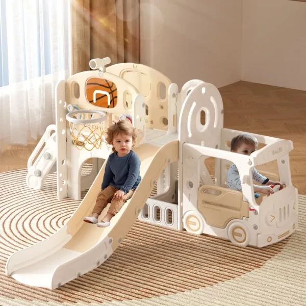 XJD 10 in 1 Toddler Slide, Kids Slide for Toddlers Age 1 - 3, Toddler Play Climber Slide Playset with Basketball Hoop and Ball, Toddlers Outdoor Indoor Playground(Beige+Coffee)