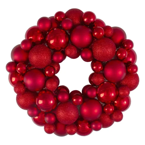 Red Hot 3-Finish Shatterproof Ball Christmas Wreath - 13-Inch, Unlit