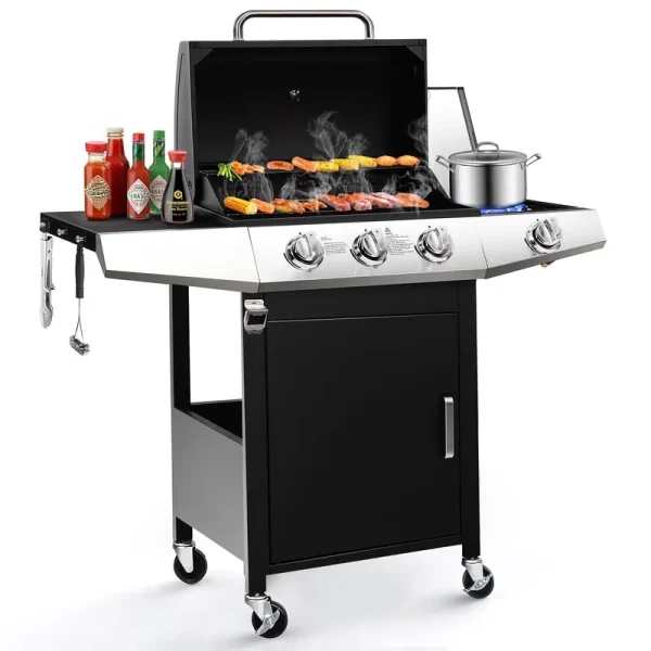 BBQ Grill, Seizeen Gas Grill with Side Burner, 40, 000BTU 3 - Burner Propane Grill W/Storage Cabinet, Steel Brush, Stainless Steel Camping for Backyard Patio, Portable Design on Wheels
