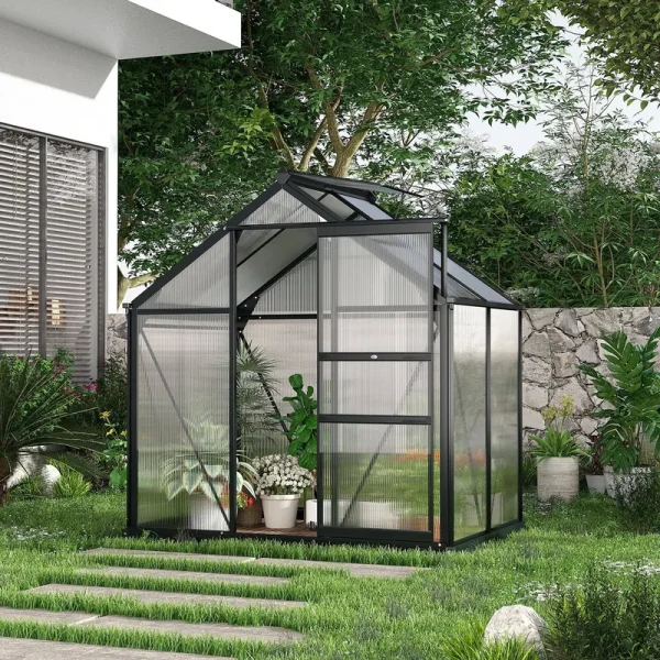 Outsunny 6' x 4' x 6.5' Large Polycarbonate Walk-In Greenhouse, Gray