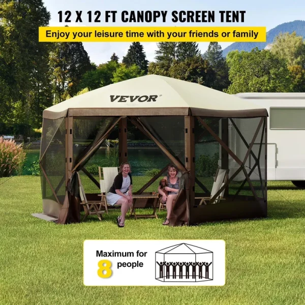 Quick Setup 12x12 Foot Gazebo Tent, 6-Sided Canopy with Mesh Screens & Carry Bag �?sun Shade Shelter for Outdoor Events, Backyard, Picnic (Beige/Brown)