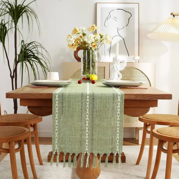 Chassic Rustic Farmhouse Style Linen Table Runner, Boho Handmade Tassel Embroidered Small Table Runners 48 Inches Long for Holiday Party, Christmas A