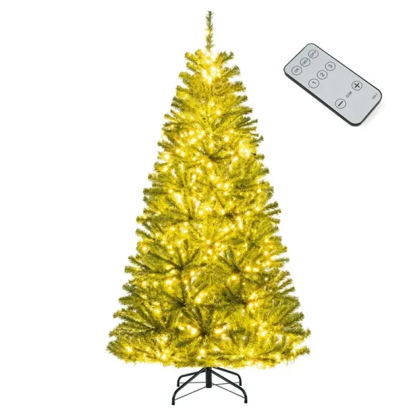 6/7/8FT Pre-Lit Artificial Christmas Tree, Hinged Xmas Tree with Remote, Warm White LED Lights, Timer, Adjustable Lighting Modes for Holiday Decor
