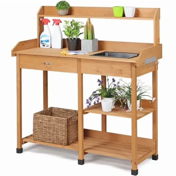 SECONDPEAK Potting Bench Outdoor Garden Work Bench Station Planting Solid Wood Construction for Horticulture W/Sink Drawer Rack Shelves