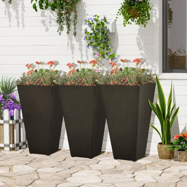 Outsunny 28" Tall Garden Plastic Flower Pot, Set of 3, Large Outdoor & Indoor, Brown