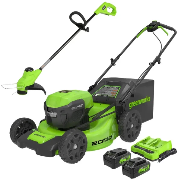 greenworkstools-48V (2x24V) 20" Cordless Battery Push Mower & 10" String Trimmer Combo Kit w/ (2) 4.0Ah Batteries & Dual Port Rapid Charger