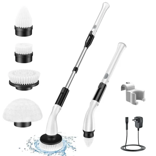 LABIGO Electric Spin Scrubber, with 4 Replaceable Brush Heads and Adjustable Extension Handle, Power Cordless Spin Scrubber