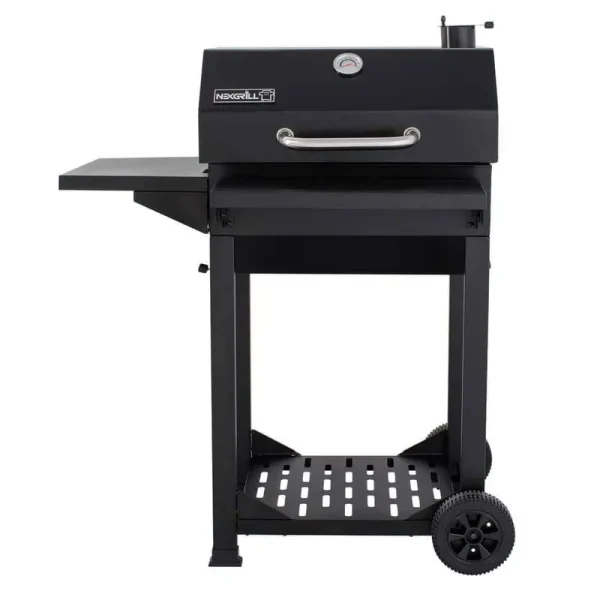 Nexgrill Cart-Style Charcoal Grill in Black with Side Shelf and Foldable Front