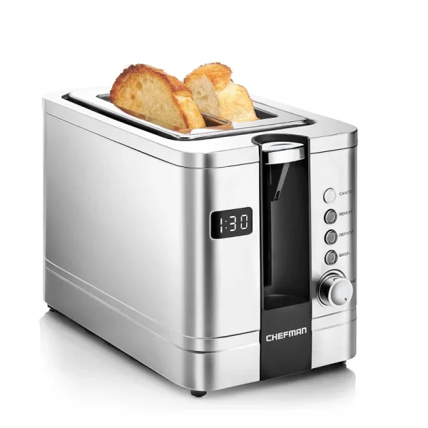 Chefman 2-Slice Digital Toaster, Pop-Up, Stainless Steel, Extra-Wide Slots for Bagels, Defrost, Reheat, Cancel Functions, Removable Crumb Tray