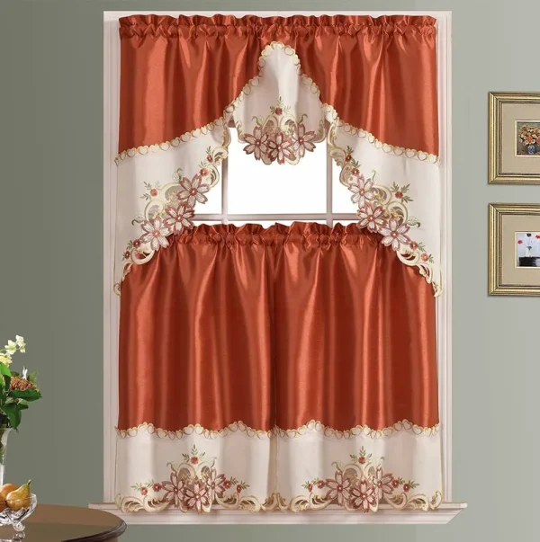 GOHD Arch Floral Kitchen Curtain Set/Swag Valance & Tier Set. Nice Matching Color Floral Embroidery on Border with Cutworks (Rust)