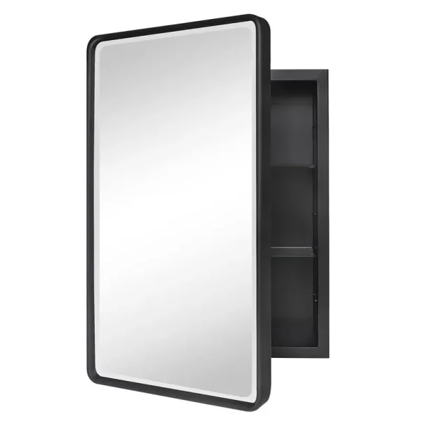 17 Stories A39BA38332624A249F6315583C1179BF Farmhouse Recessed Metal Bathroom Medicine Cabinets with Mirror with Adjustable Tempered Glass Shelves
