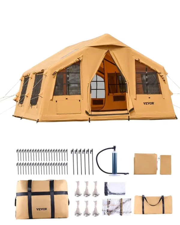 VEVOR Inflatable Tents for Camping, 8 - 12 Person Easy Setup Blow up Tent with Hand Pump, 4 Season Luxury Glamping Tent with 2 Skylights, Canopy, Stove Jack, 2 Doors & Mesh Windows(Include Storage Bag)