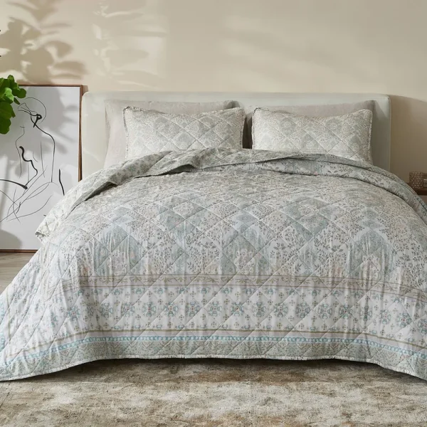 Patina Vie Maison Vintage-Inspired Floral Reversible Quilt Set with Shams - Block Floral - Sage Green - Full - Queen