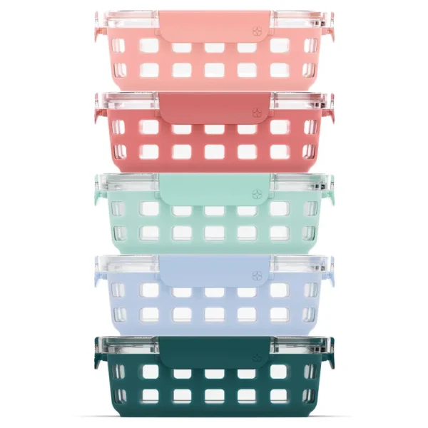 Ello Duraglass 3.4 Cup Meal Prep Sets 10pc, 5 Pack Set- Glass Food Storage Container with Silicone Sleeve and Airtight BPA-Free Plastic Lids, Dishwas