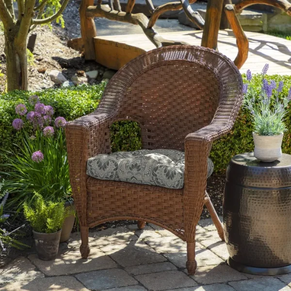 Arden Selections Neutral Aurora Damask Square Outdoor Wicker Chair Cushion
