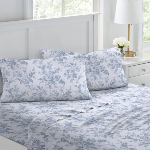 Laura Ashley Vanessa Cotton Flannel Sheet Set, Queen - Baby Blue