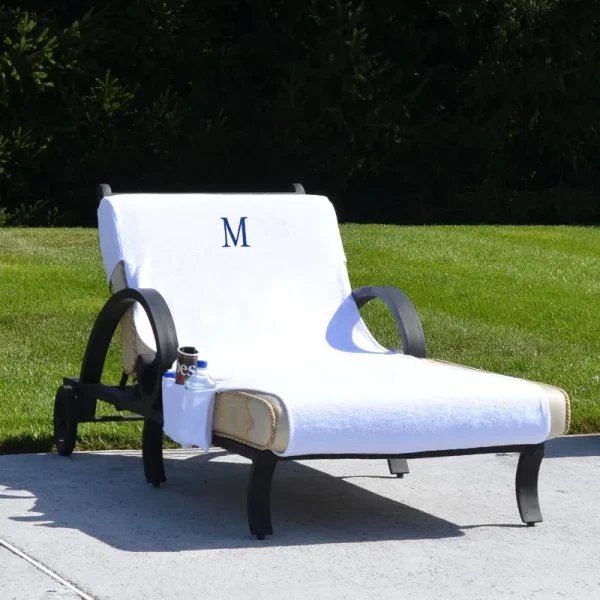 Linum Home Textiles Turkish Cotton Monogrammed Towel Cover with Pockets for Standard Size Chaise Lounge Chair White/M