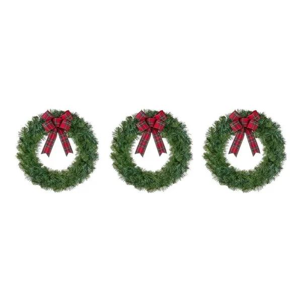 Home Accents Holiday 22 in. Green Artificial Noble Pine Wreaths with Plaid Bow (3-pack)