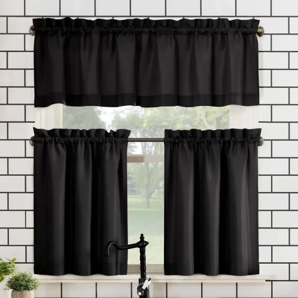 No. 918 Martine Microfiber Semi-Sheer Rod Pocket Kitchen Curtain Valance and Tiers Set - Black - 54" x 24"