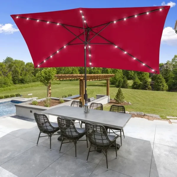 Solar LED 10 ft. x 6.5 ft. Aluminum Patio Rectangle Market Umbrella in Red with Push-Button Tilt