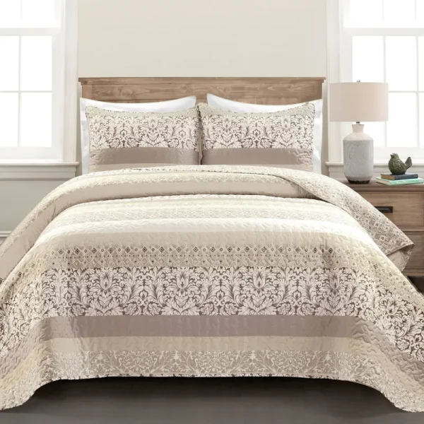 Lush Decor Boho Stripe Reversible Oversized 3 Piece Cotton Quilt Set, King, Neutral