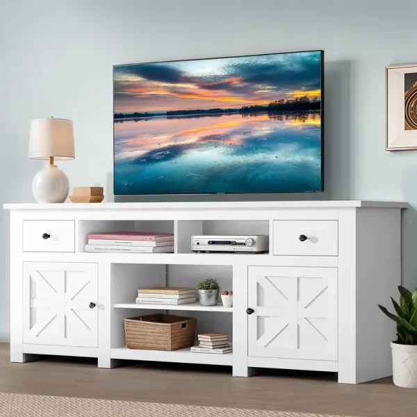 Dextrus Country - Style Media Console, TV Cabinet with Built - in Power Socket for Screens up to 80'', Television Stand with Adjustable Divider & Drawer Storage, Vintage TV Unit for Lounge, White